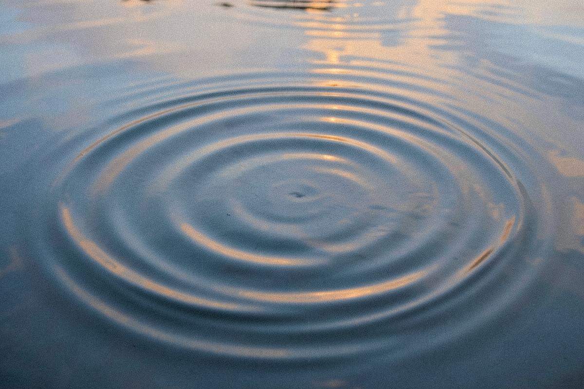 Concentric ripples settling on still water at dusk